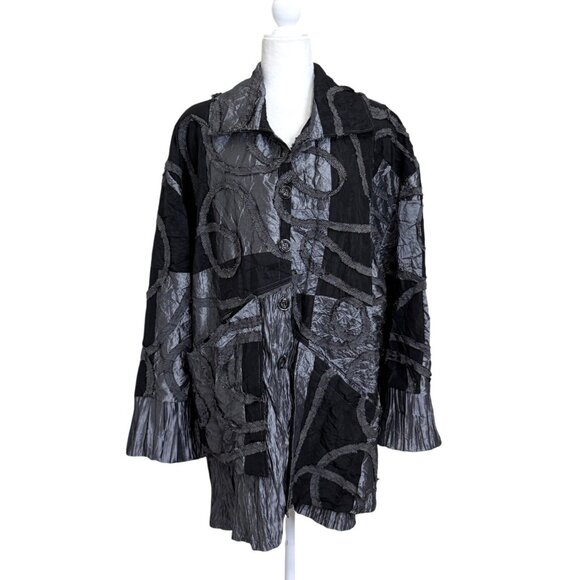 LImpossible Paris Button-Up Crinkle Tunic Top Black Silver Art France Size 1X - Picture 1 of 8